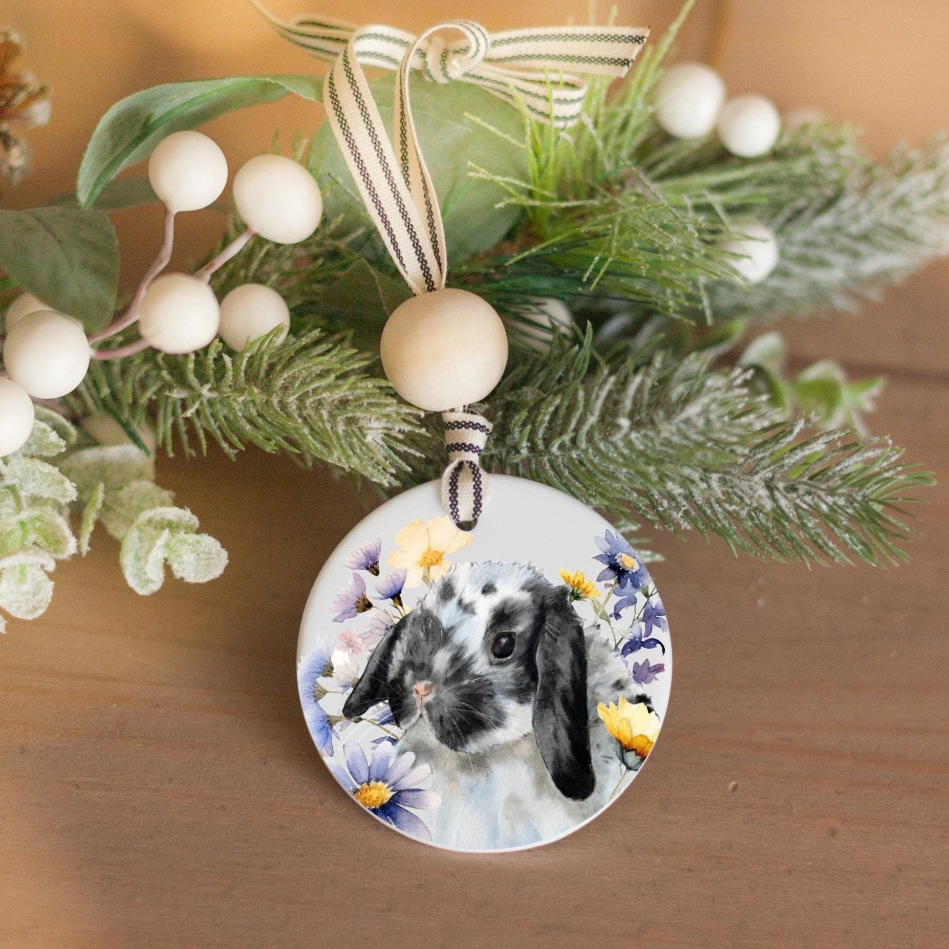 Black and white spotted Holland lop bunny ornament