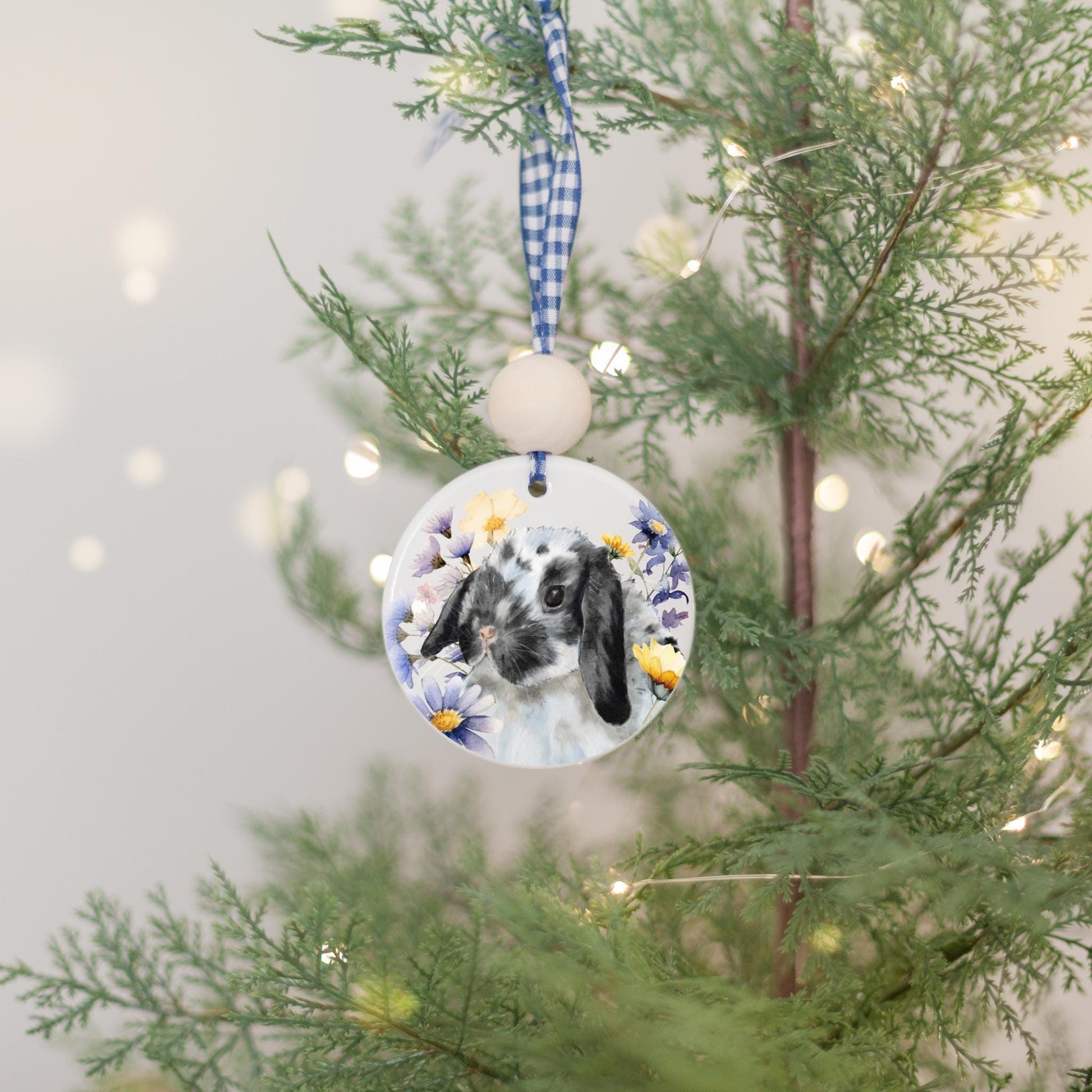 Black and white spotted Holland lop bunny ornament