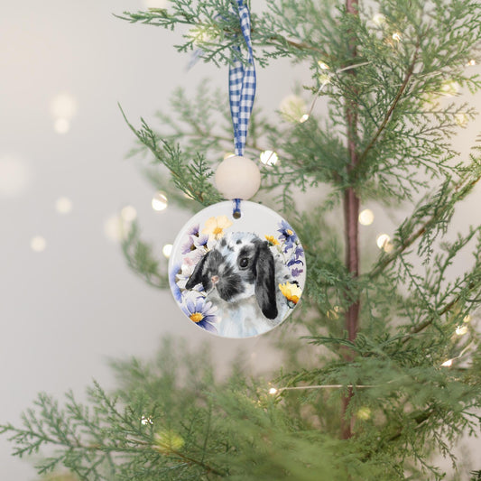 Black and white spotted Holland lop bunny ornament