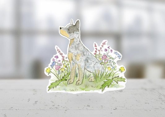 Blue heeler and flowers waterproof sticker