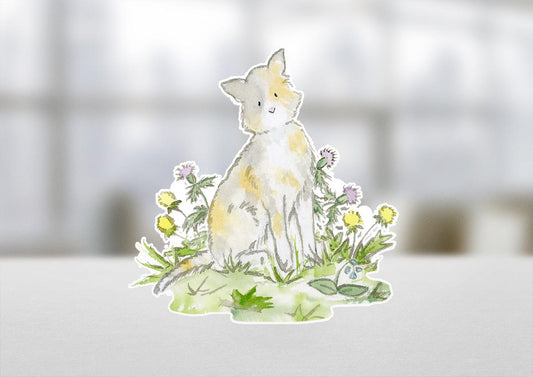 Illustration of a calico cat surrounded by flowers on a white background