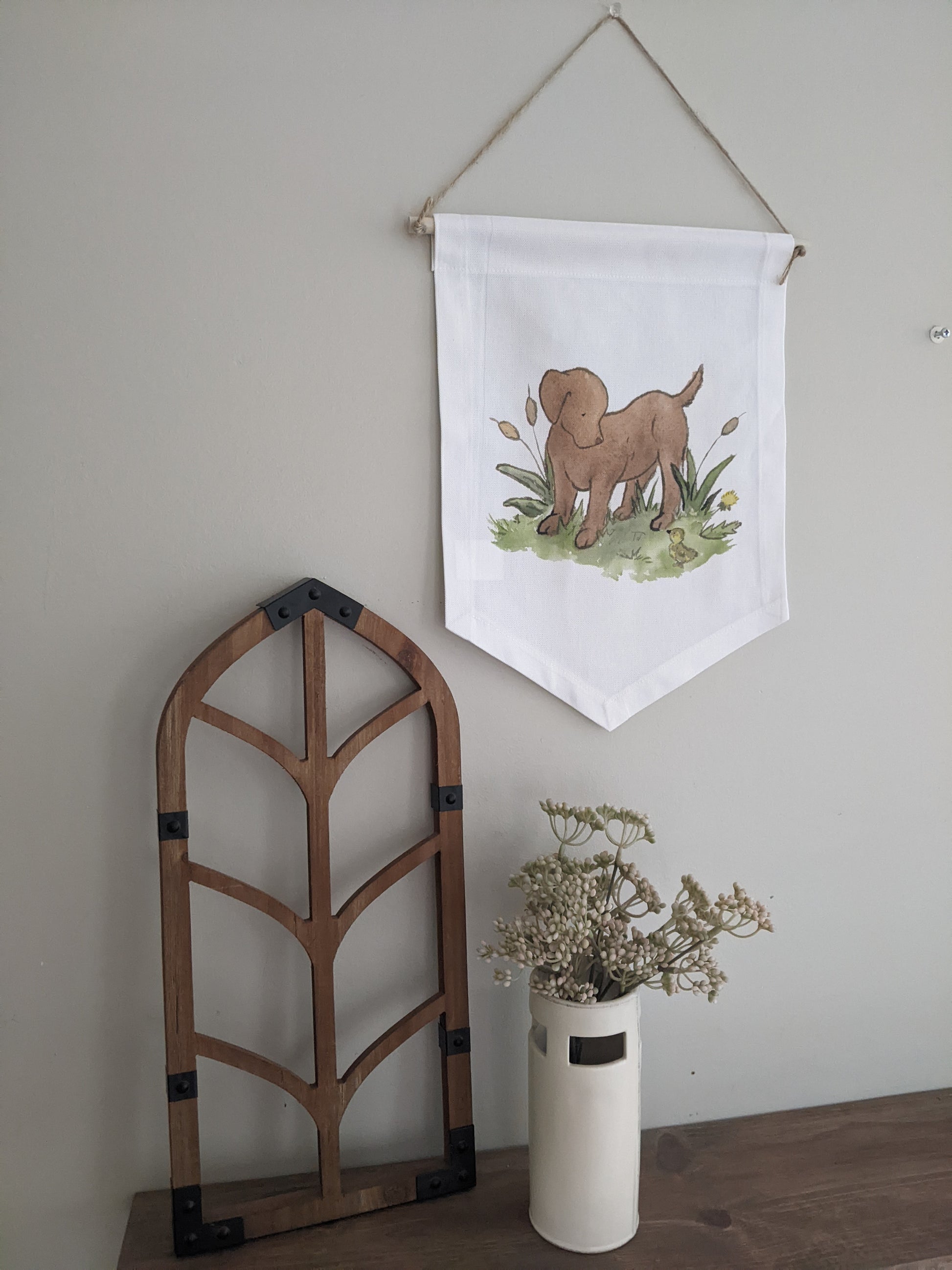 chocolate lab puppy on a cotton canvas banner wall hanging