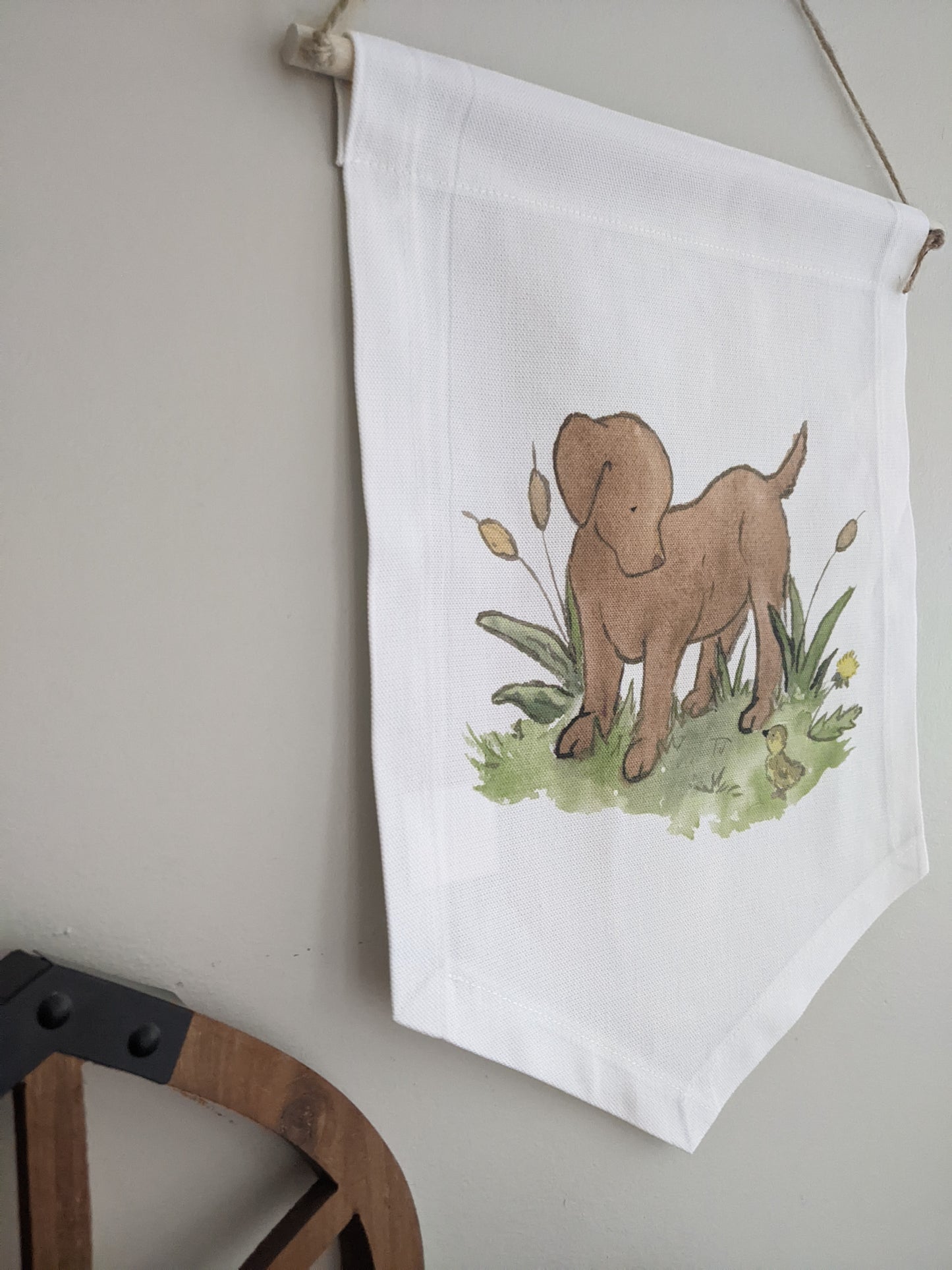 chocolate lab puppy on a cotton canvas banner wall hanging