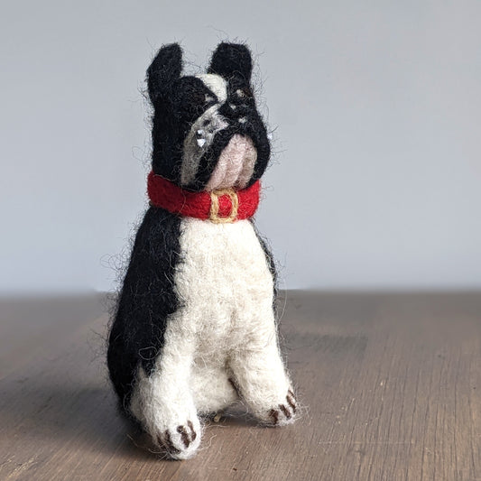 felted wool black and white french bulldog boxer puppy