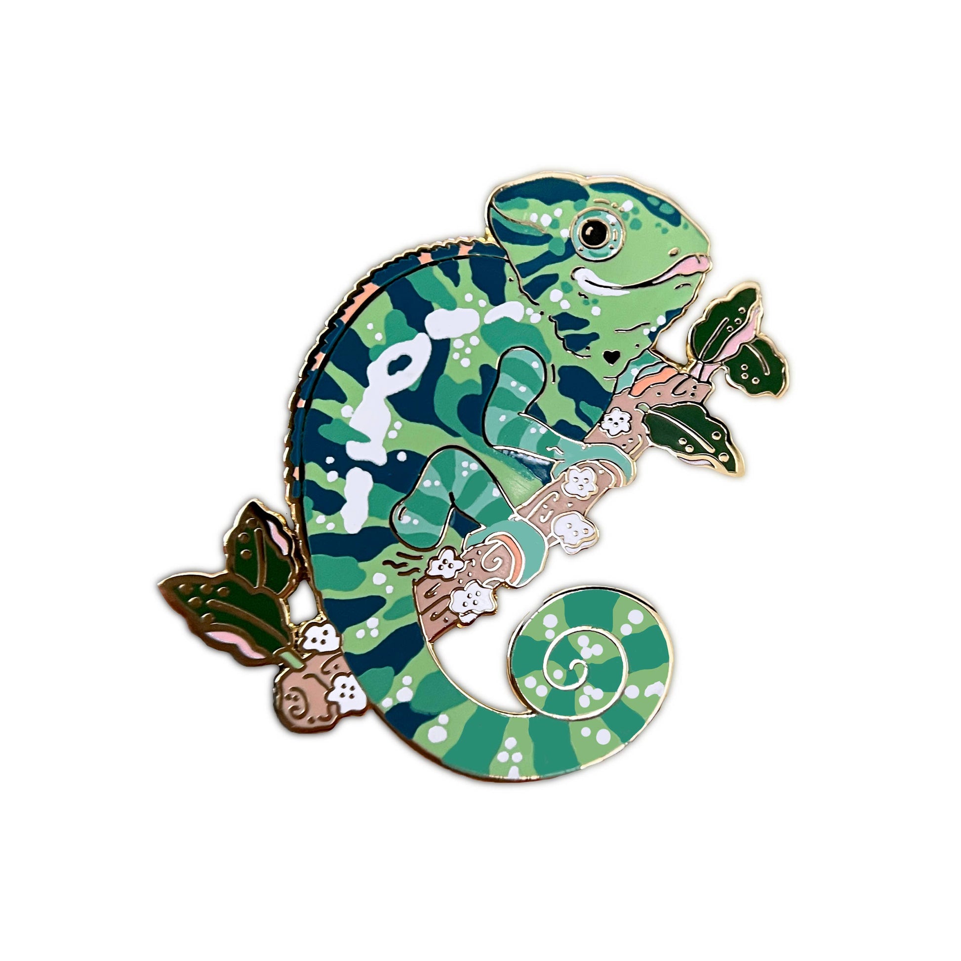 green leopard chameleon enamel pin