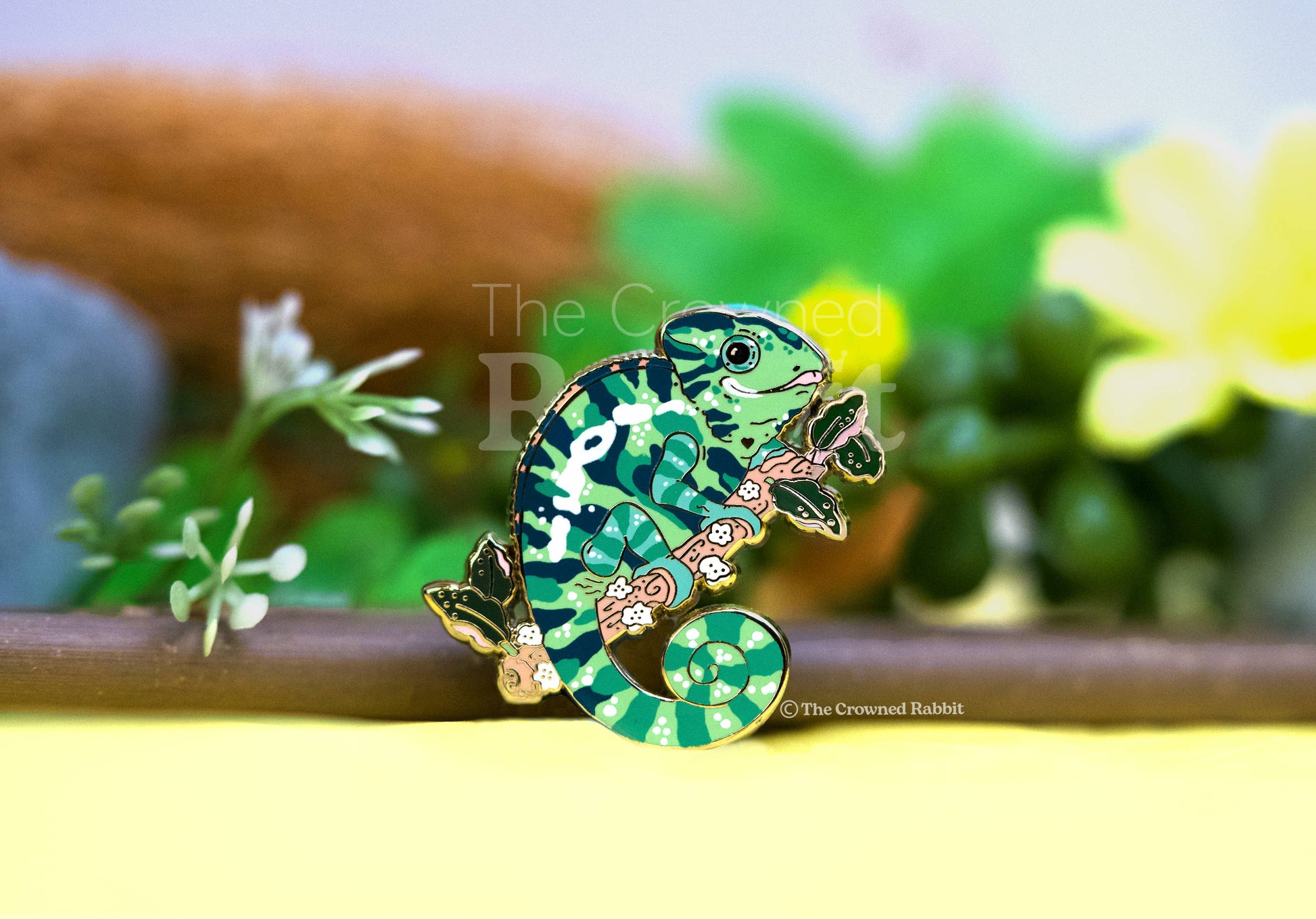 green leopard chameleon enamel pin 2