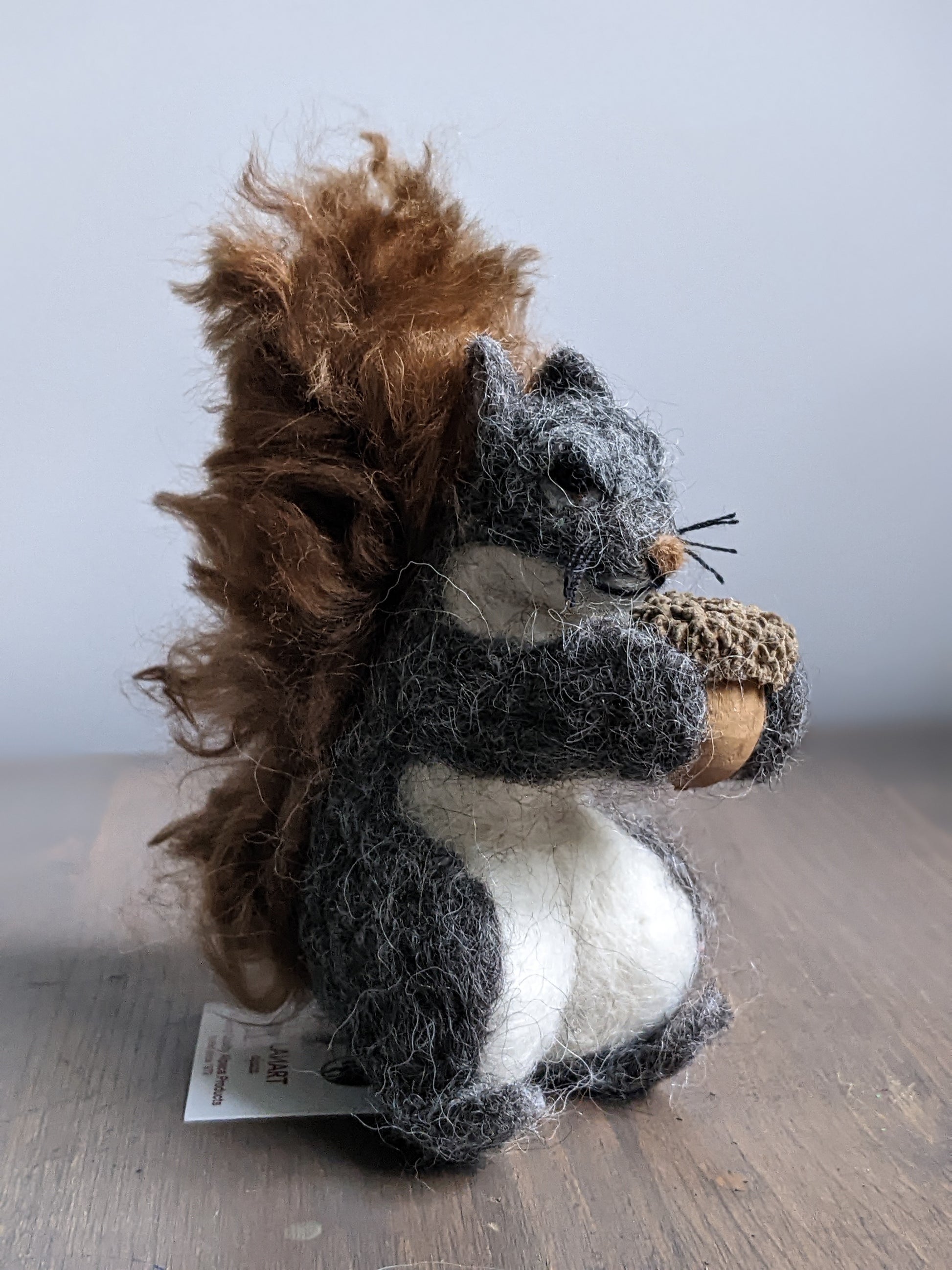 grey and brown needle felted alpaca wool squirrel sculpture