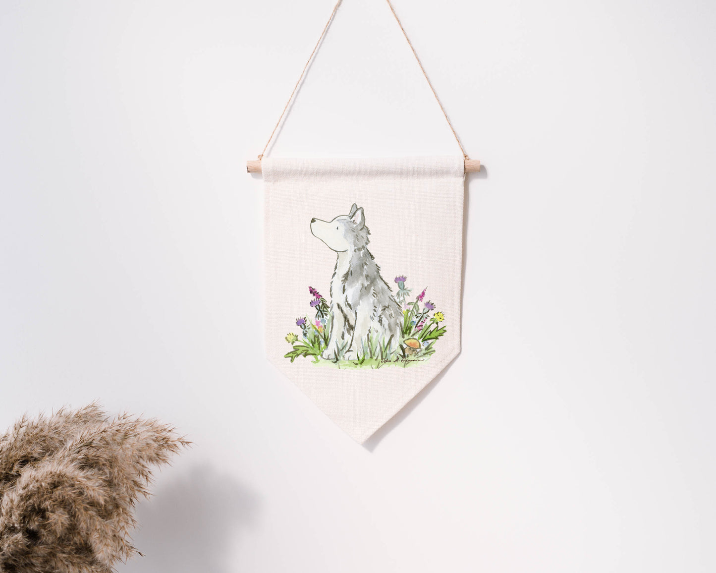 siberian husky and flowers on a cotton canvas banner wall hanging