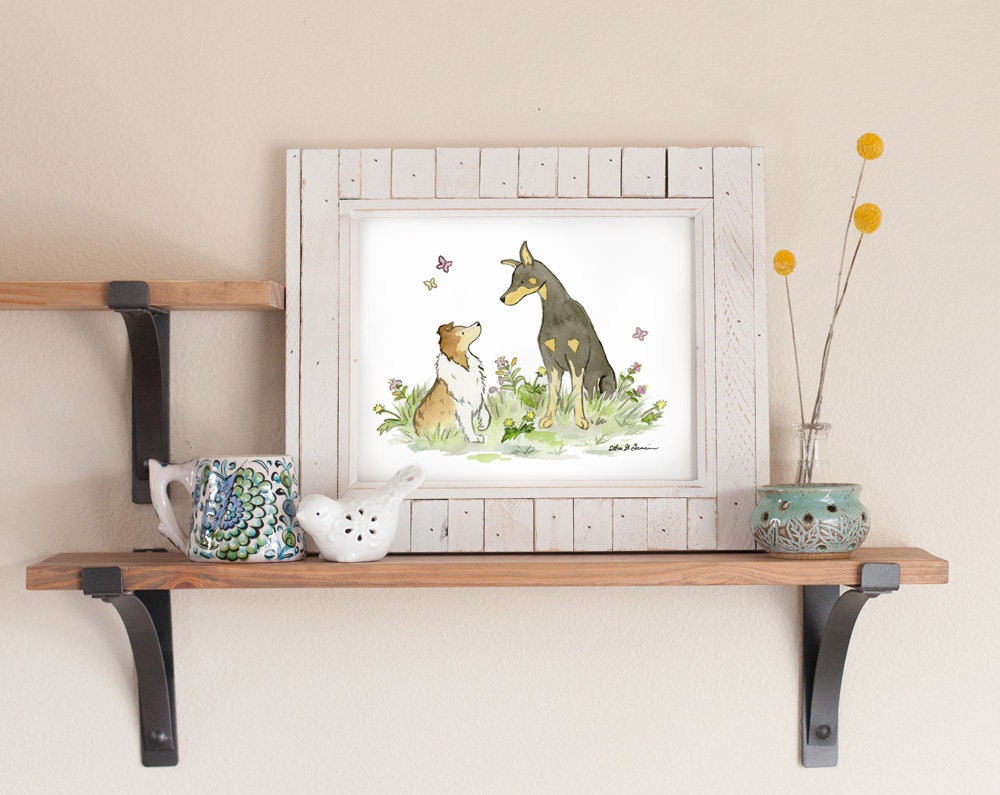 Shetland Sheepdog and Doberman Pinscher Watercolor Art Print