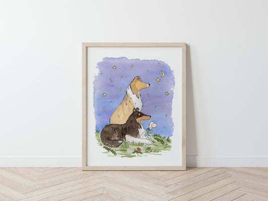Collie Watercolor Print, Sable and Tricolor Collies, The Wishing Star 3, Collie Gift