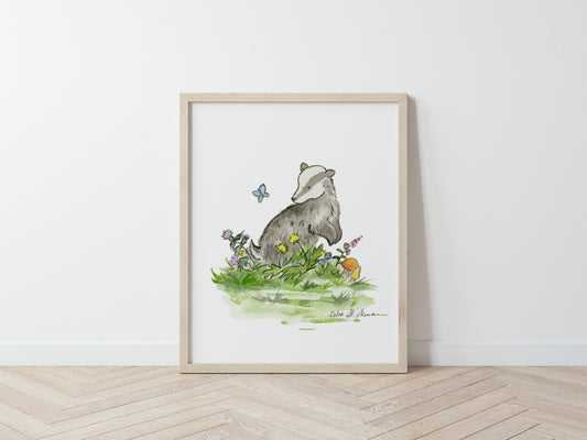 Woodland Nursery Art, Badger Watercolor Print
