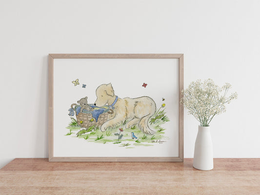 Golden Retriever Art, Watercolor Nursery Print