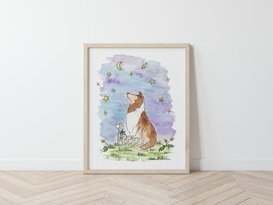 Rough Collie Watercolor Art Print, Wishing Star Nursery Art
