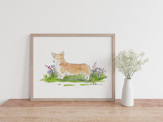 Welsh Corgi Art Print, Corgi and Wildflowers