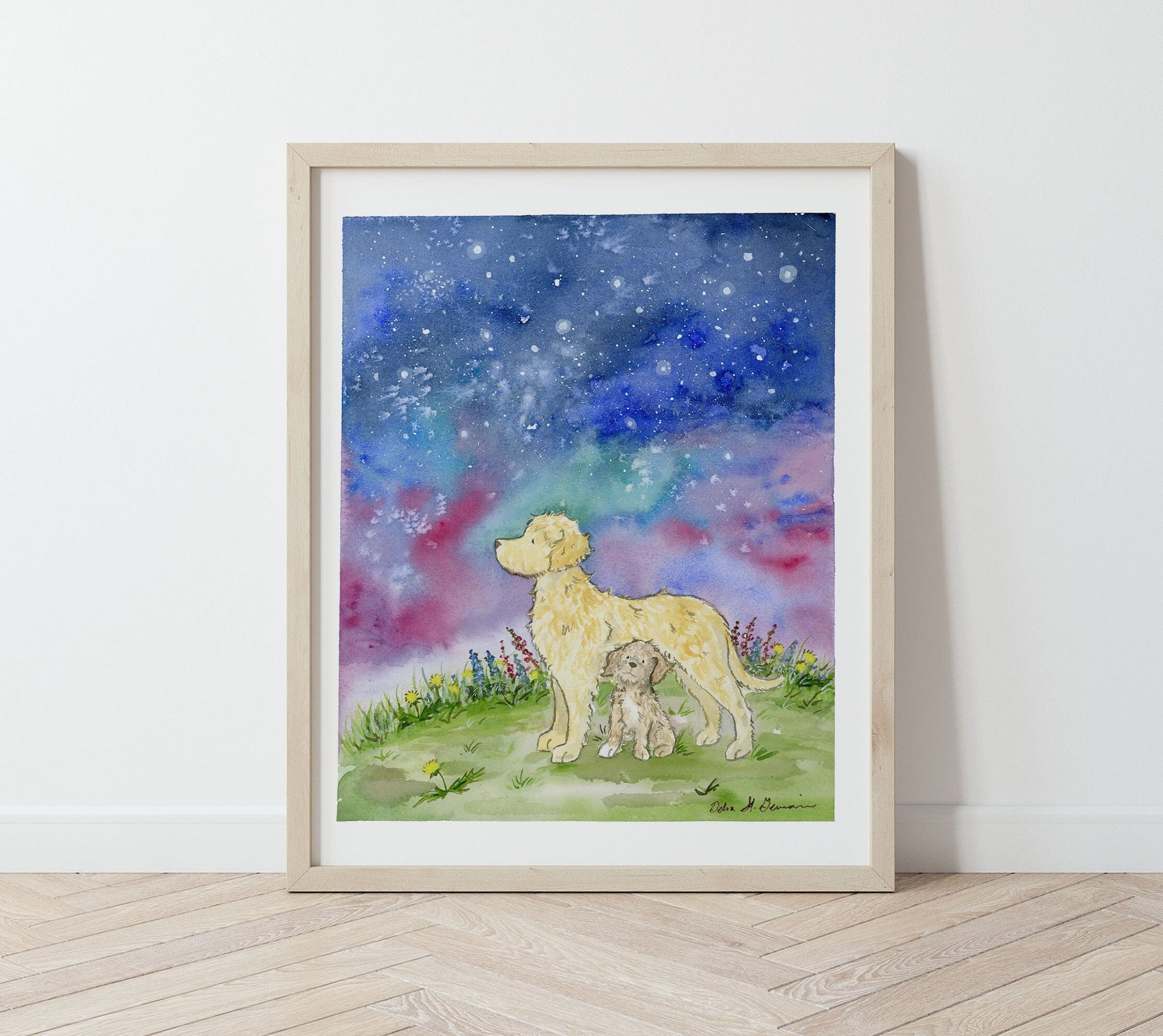 Labradoodle Art, Golden Doodle Art, Starry Night Watercolor Print, Dog Lover Gift