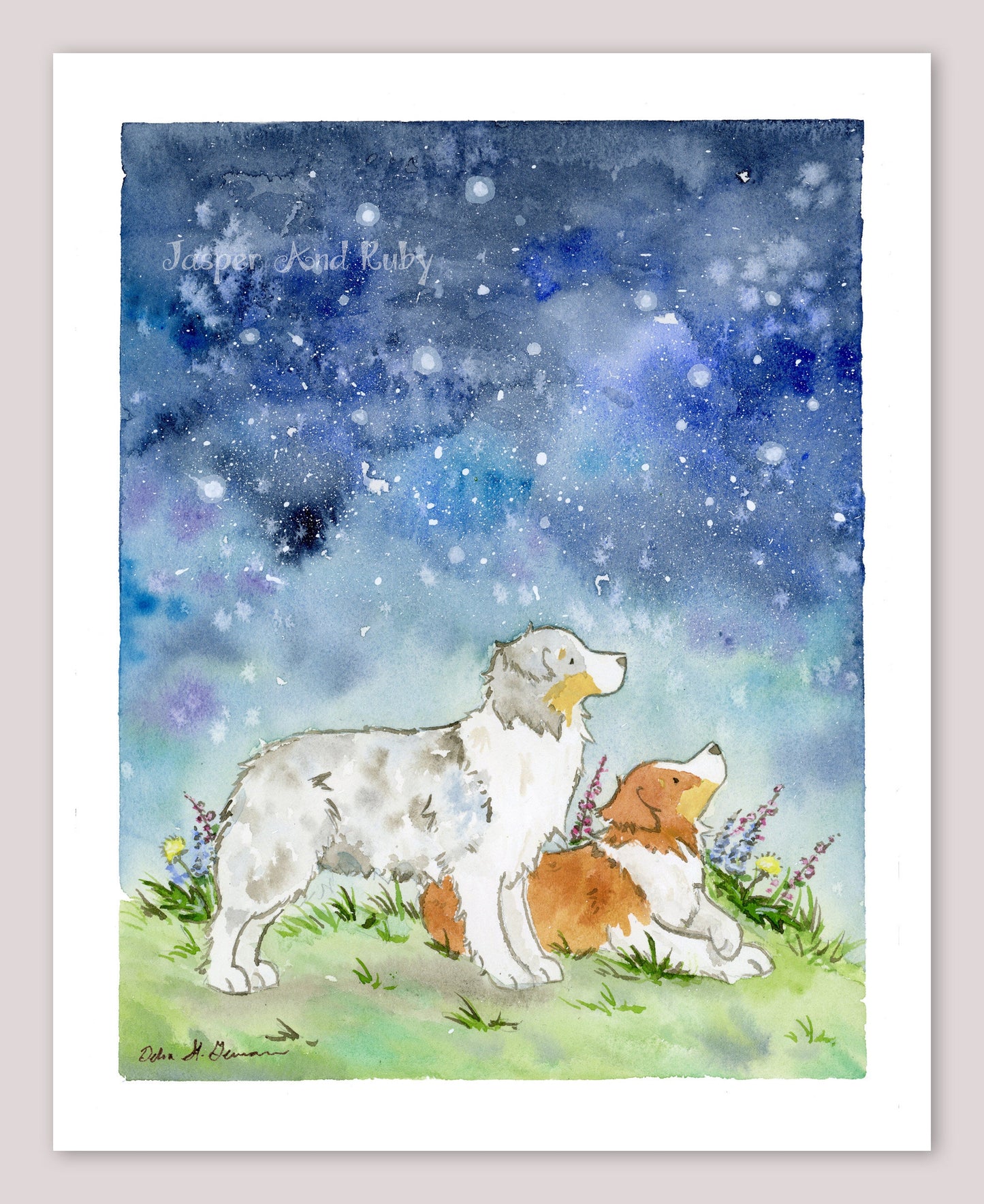 Australian Shepherd Art Print, Aussies and Starry Skies Watercolor