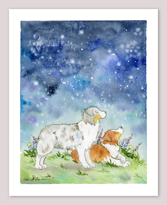 Australian Shepherd Art Print, Aussies and Starry Skies Watercolor