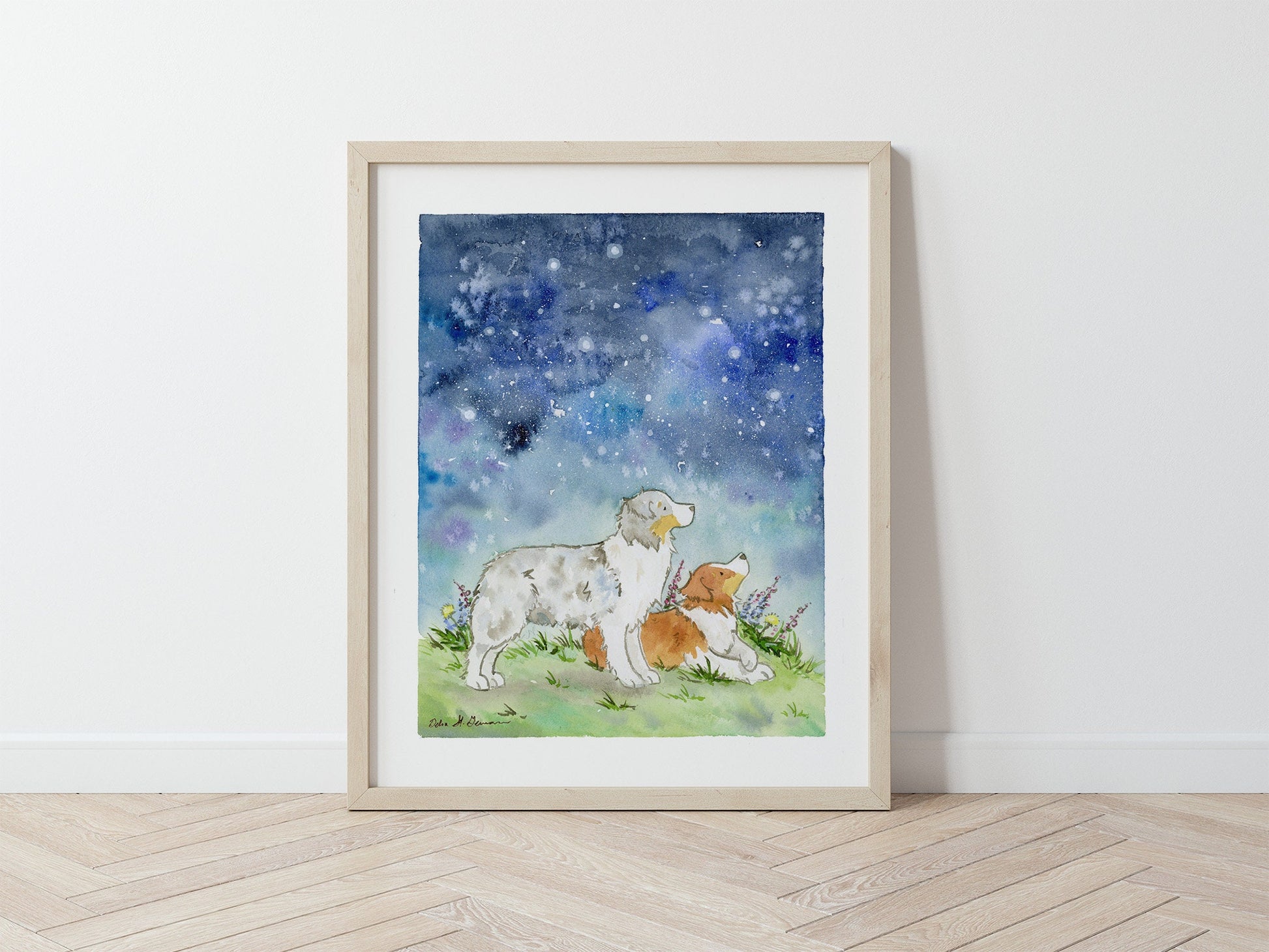 Australian Shepherd Art Print, Aussies and Starry Skies Watercolor