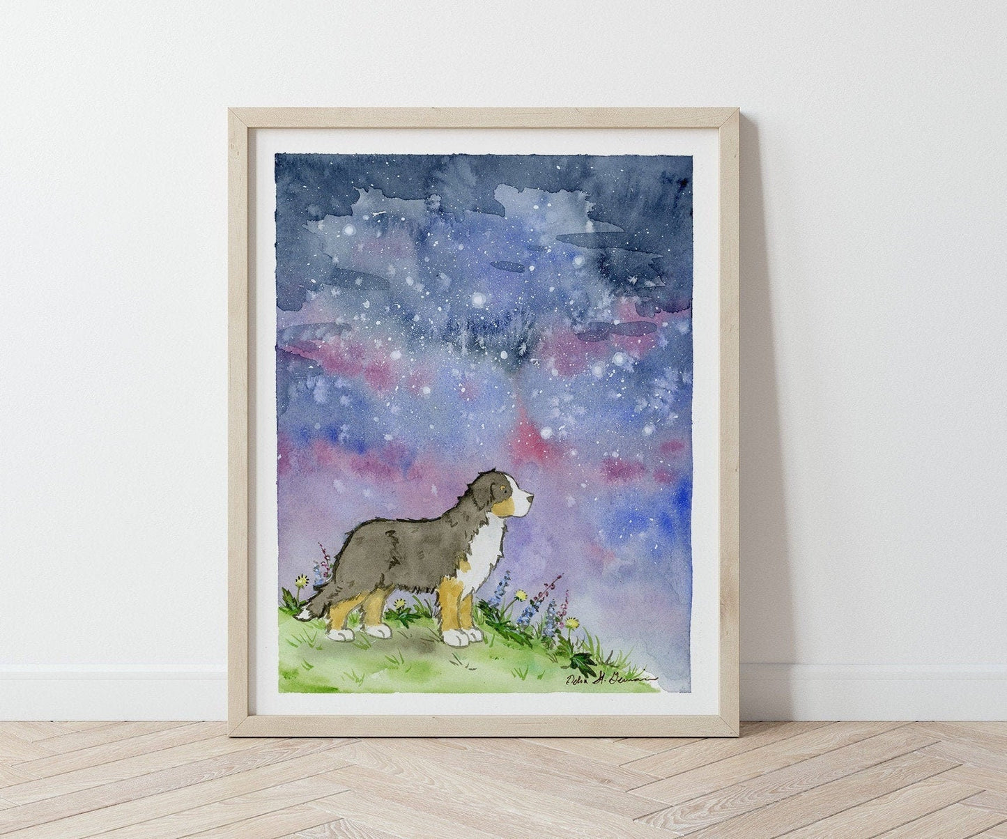Bernese Mountain Dog Art, Bernese on a Starry Night, Watercolor Print, Bernese Gift