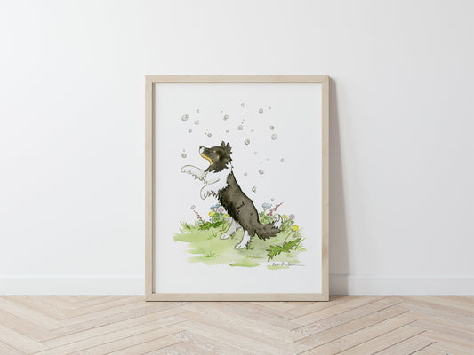 Sheltie with Bubbles Art, Watercolor Print, Art for Dog Lovers