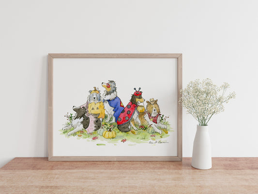 Shetland Sheepdog Watercolor Print, "Happy Howloween!" Trick-Or-Treating Sheltie Art, Halloween Dog Art