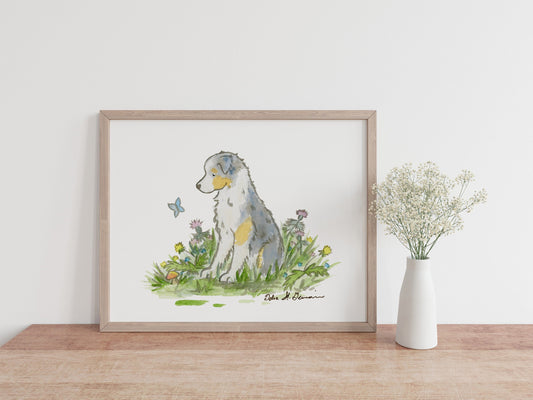 Australian Shepherd Art Print- Blue Merle Aussie l Jasper And Ruby