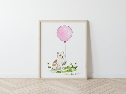 Bulldog with Pink Balloon Print