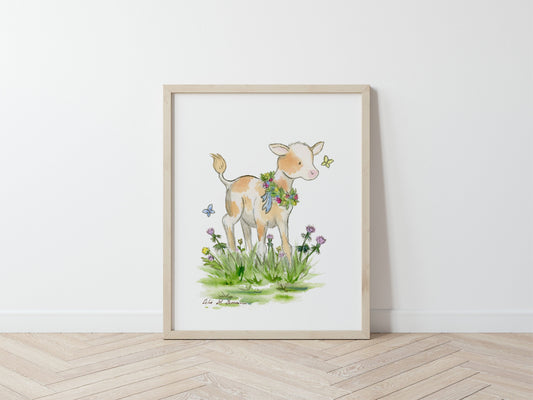 Calf Watercolor Print, Cow Nursery Art, Farm Nursery Art, Cow Children's Art