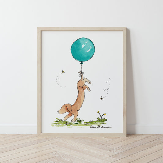 Cute Dachshund Art Print, Dachshund with Turquoise Balloon