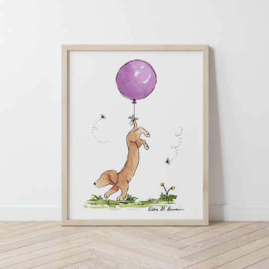 Dachshund Art Print, Dachshund with Purple Balloon