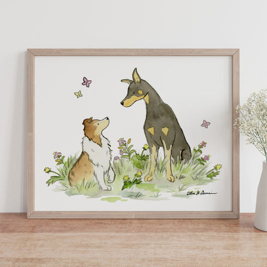 Shetland Sheepdog and Doberman Pinscher Watercolor Art Print