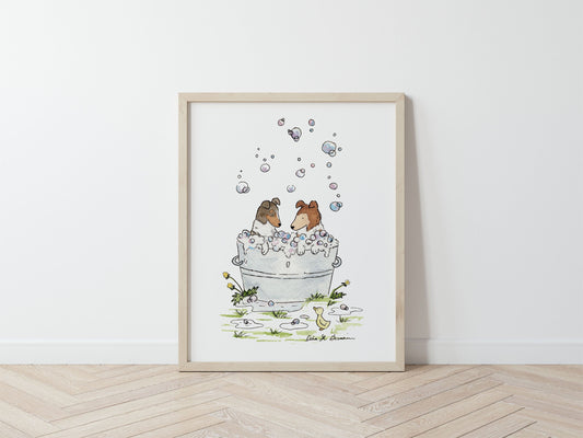 Collie Wall Art, Watercolor Collie Print, Collies in a Bathtub, Art for Dog Lovers