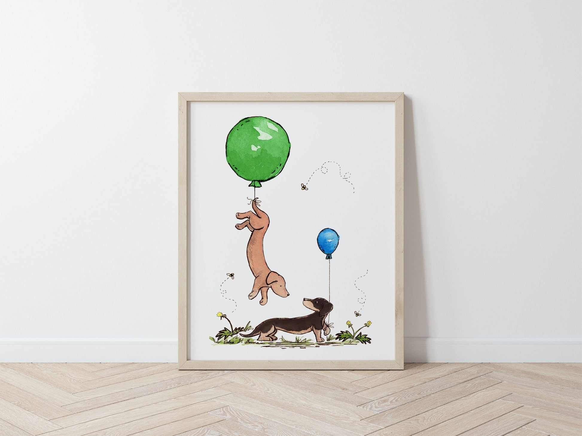 Dachshund with Green and Blue Balloons Watercolor Art Print