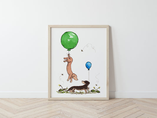 Dachshund with Green and Blue Balloons Watercolor Art Print