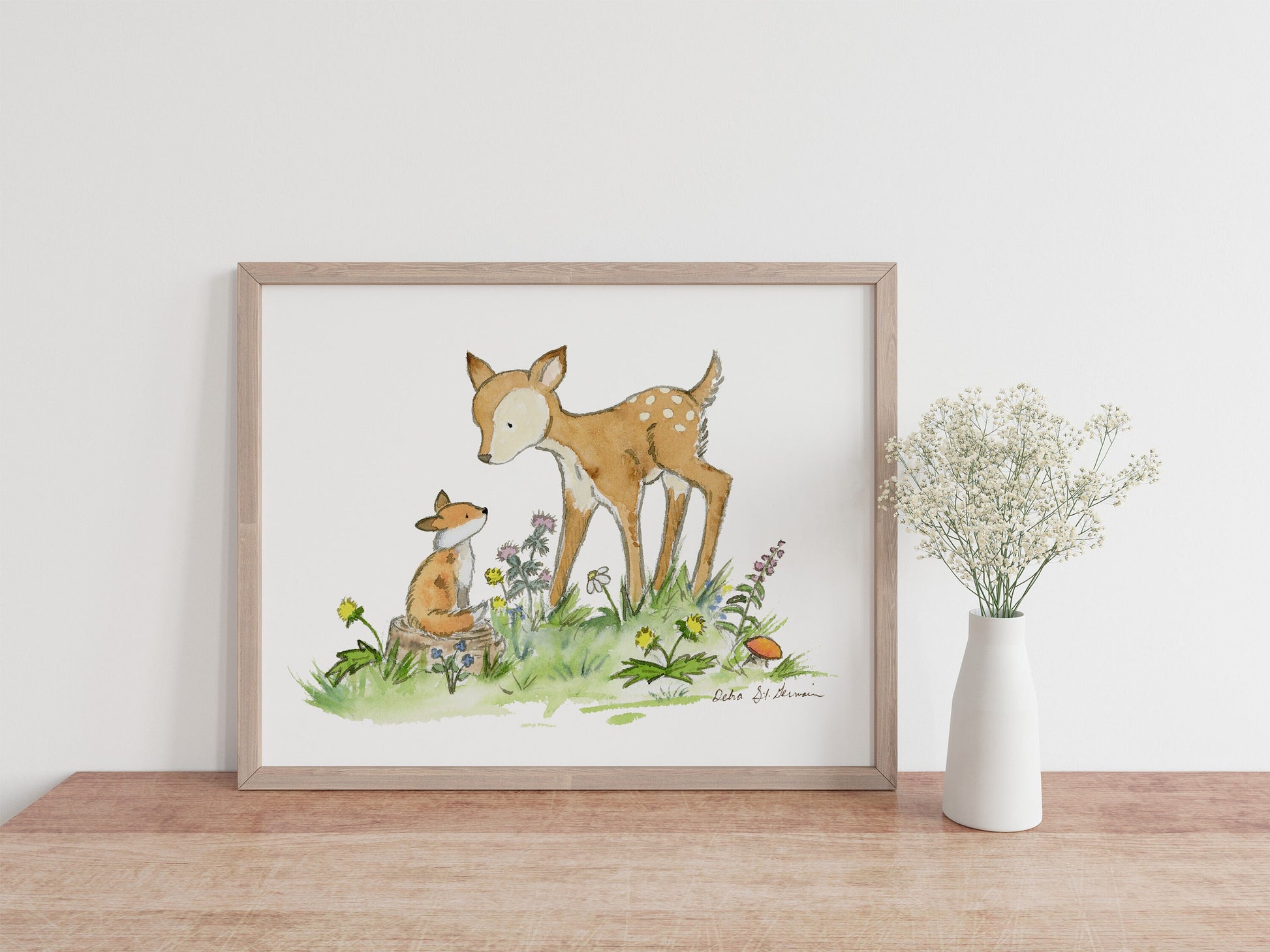 Woodland Nursery Art- Fawn and Fox Watercolor Print
