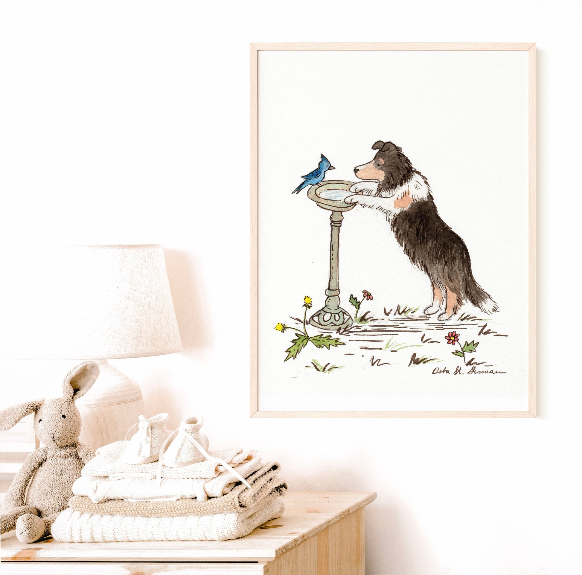 Tricolor Sheltie With Bluejay Art Print