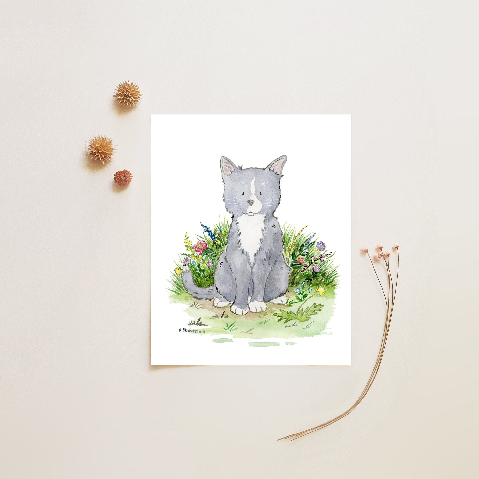 Gray Cat Watercolor Art Print, Cute Cat For Cat Lovers