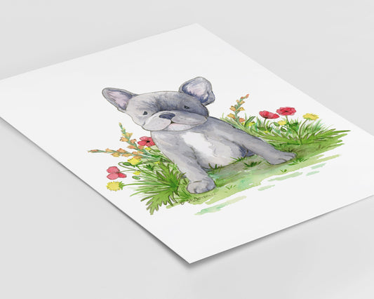 French Bulldog Art Print, Watercolor Frenchie with Flowers