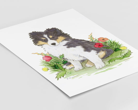 Shetland Sheepdog Art Print, Tricolor Sheltie Puppy with Flowers