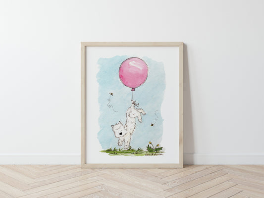 Westie Art Print, Children's Wall Art, West Highland White Terrier with Pink Balloon