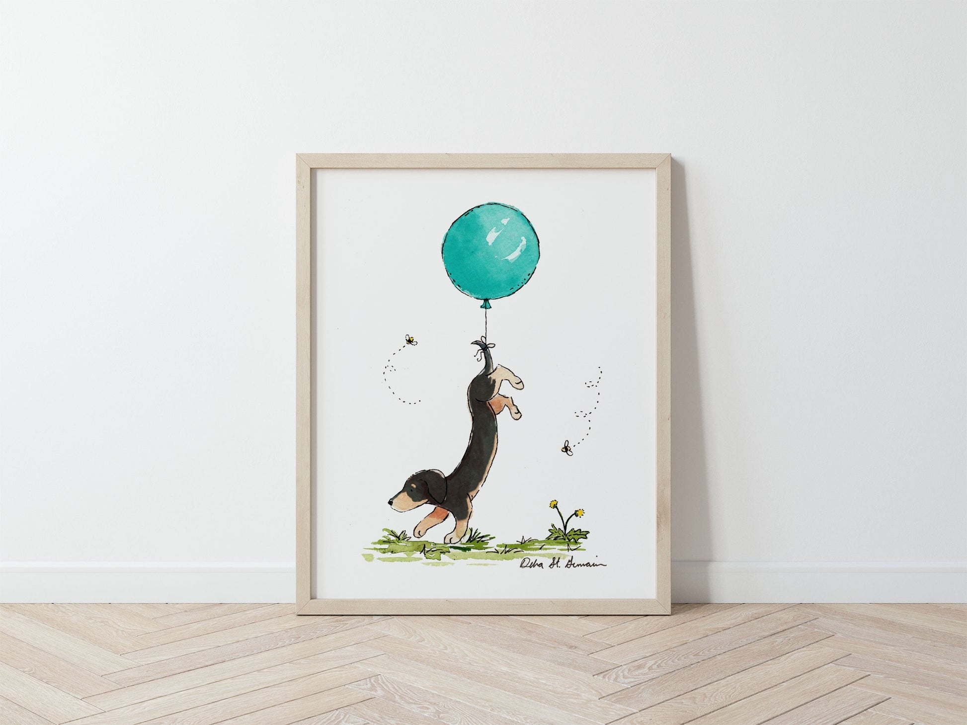 Black and Tan Dachshund with Turquoise Balloon Art Print