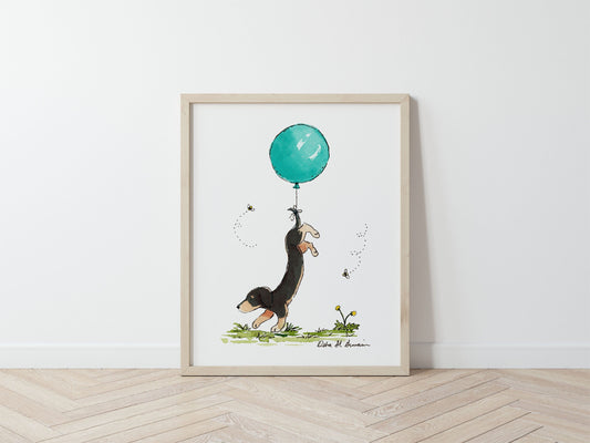 Black and Tan Dachshund with Turquoise Balloon Art Print