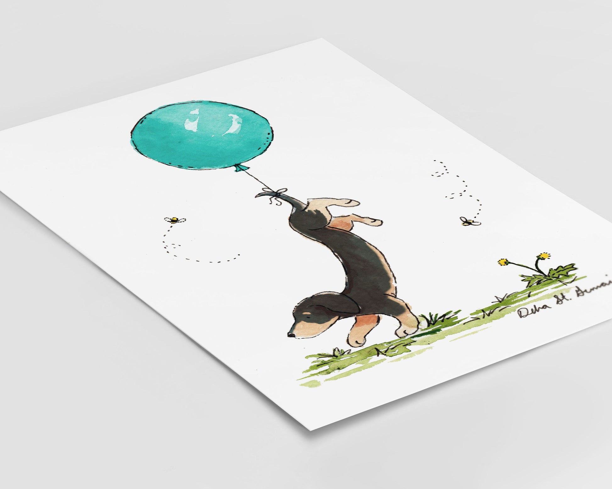 Black and Tan Dachshund with Turquoise Balloon Art Print