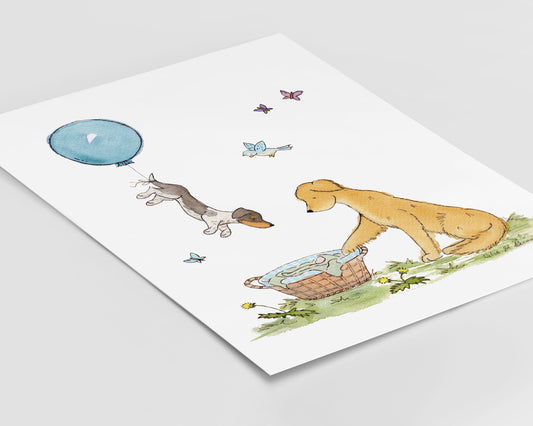 Puppy Nursery Art Print, Golden Retriever and Dachshund with Balloon