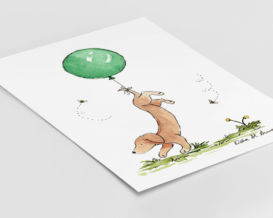 Dachshund With Green Balloon Watercolor Art Print