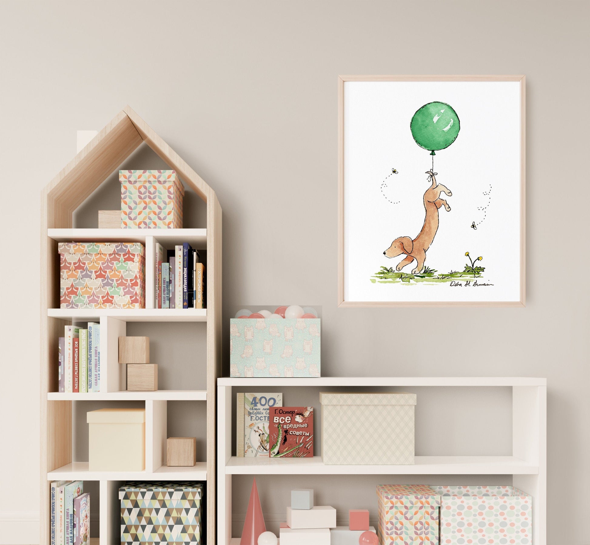 Dachshund With Green Balloon Watercolor Art Print