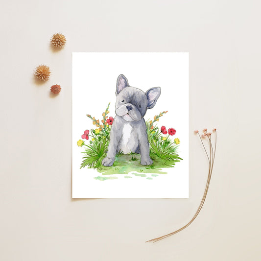 French Bulldog Art Print, Watercolor Frenchie with Flowers