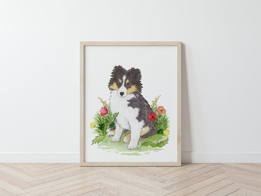 Shetland Sheepdog Art Print, Tricolor Sheltie Puppy with Flowers