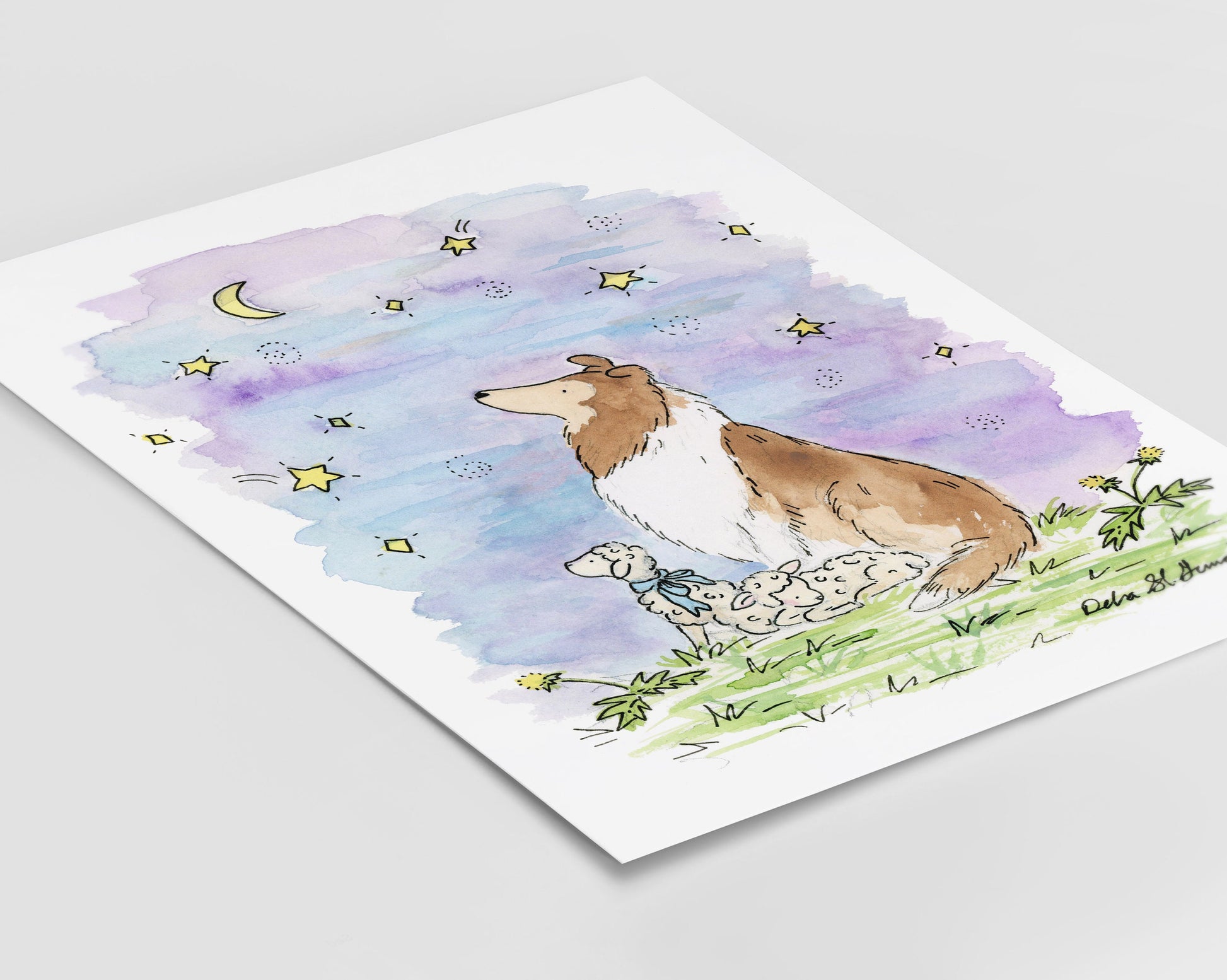 Rough Collie Watercolor Art Print, Wishing Star Nursery Art