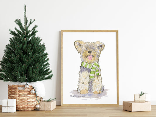 Yorkie Holiday Art Print, Yorkshire Terrier Gift